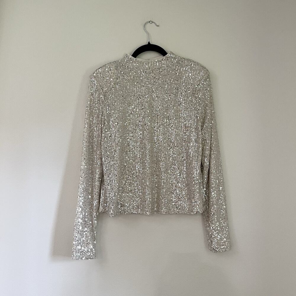 Mango Mng Silver Sequin Mock Neck Top Size M Sparkly Holiday Party Festive